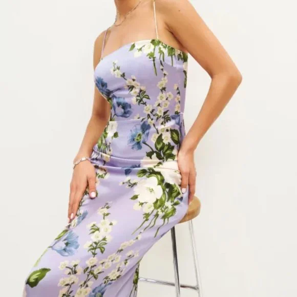 Reformation Frankie Silk Dress in Garden Soiree Purple White Floral Maxi - Picture 4 of 7
